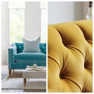 Close up of yellow Haresfield and Blue Haresfield sofa