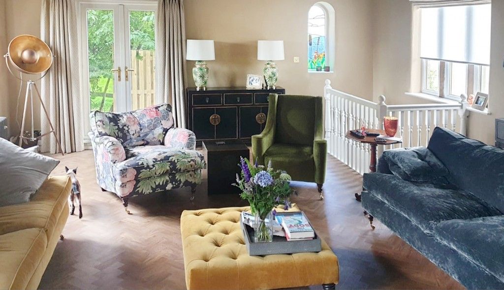 Alwinton sofa and chair alongside the Sennen chair and Bedham footstool by Haley Bevan Interior Design