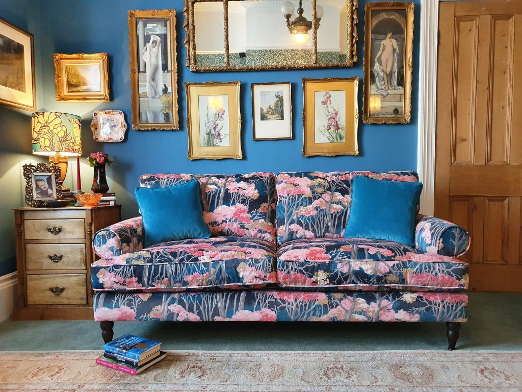 Cooksbridge sofa in Linwood Omega Velvet Print with Arboreal Scatters in Pacific