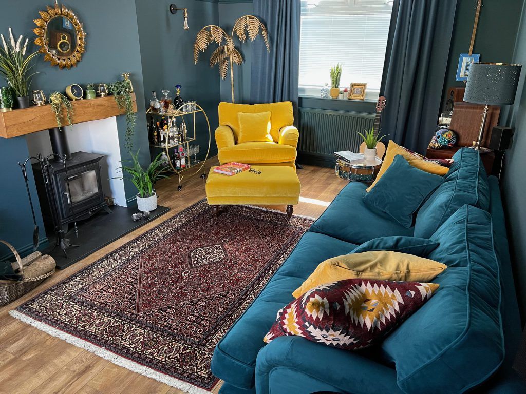 Alwinton sofa in Cameron Velvet Mallard and chair in Cameron Velvet Canary styled by our customer Owen