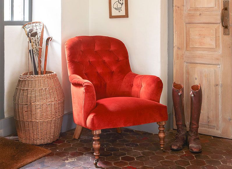 Orange velvet buttoned back Chesterfield occasional armchair