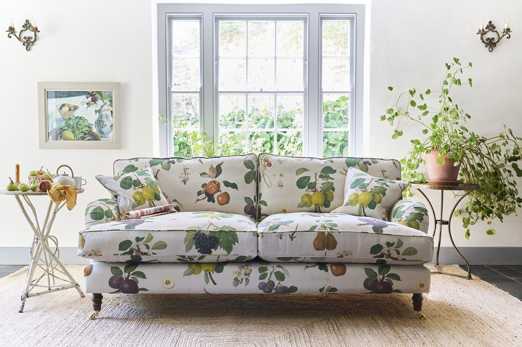 Classic patterned sofa with Howard arm in RHS 22 William Hooker fruits fabric