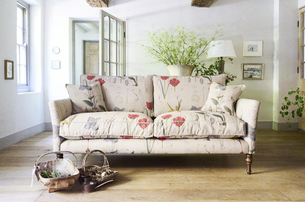 classic patterned sofa in floral linen RHS 22 collection Lilian Snelling fabric