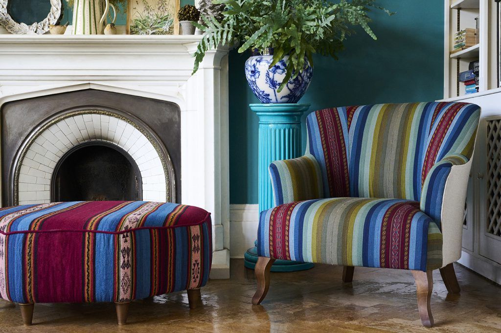 Sofas & Stuff Threepenny Bit footstool in fabric from Santo Tomas, and Grassington chair in fabric from Chinchero.
