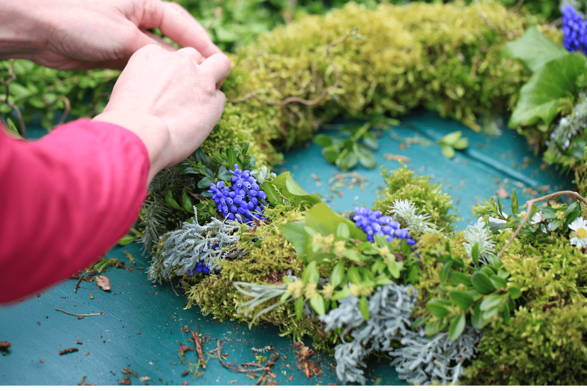 A spring wreath being made