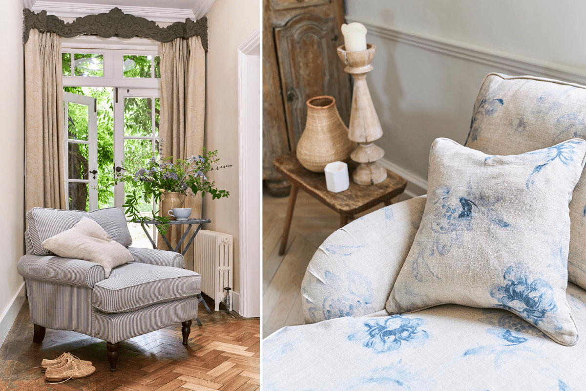 A small striped chair and larger chaise sofa in a floral print