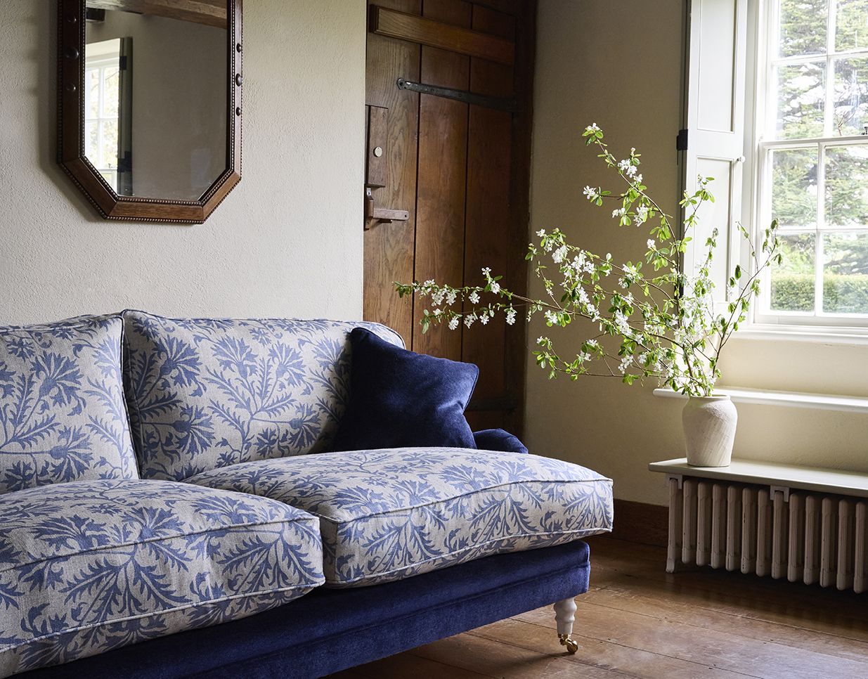 Sofas & Stuff Coates 3 Seater Sofa in Mohair Indigo with Seat and Back Cushions in RHS 23 Gertrude Jekyll Blue