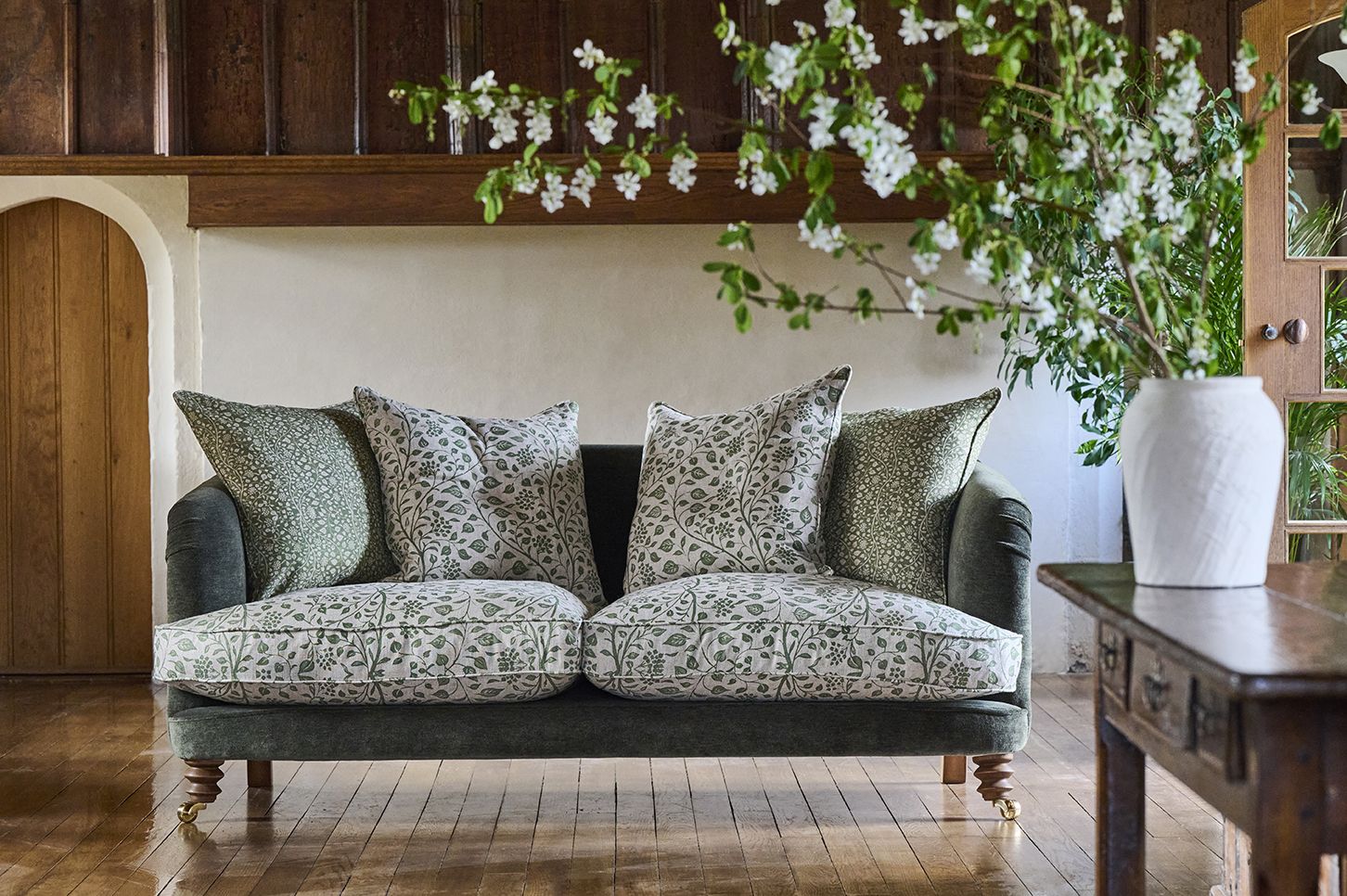 Helmsley 3 Seater Sofa in Mohair Fir with Seat and Back Cushions in Trailing Ivy Olive and Small Trailing Ivy Olive