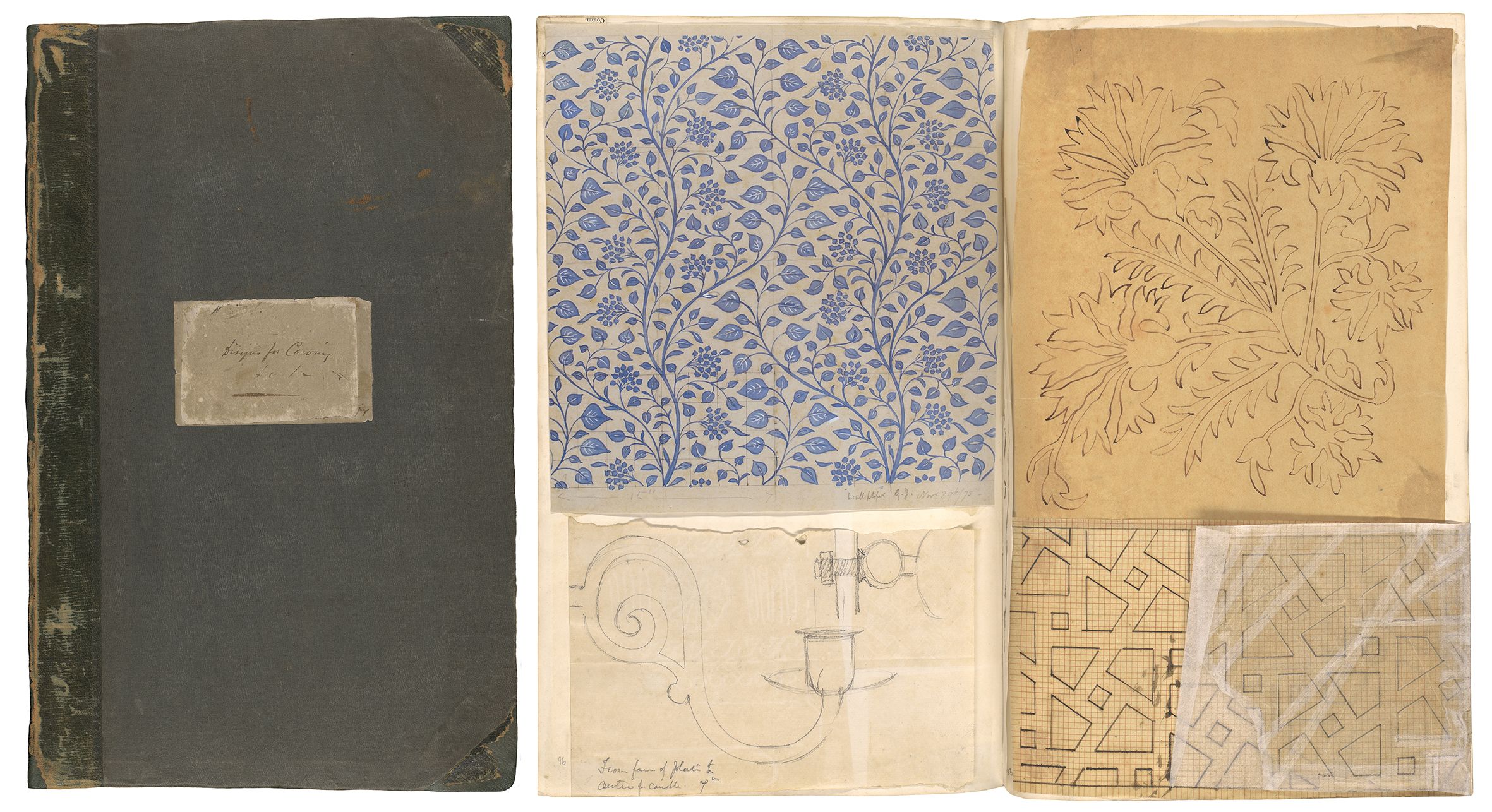 Gertrude Jekyll 'Designs for Carving' scrap book (1866 - 1911) from the RHS Lindley Collections. 