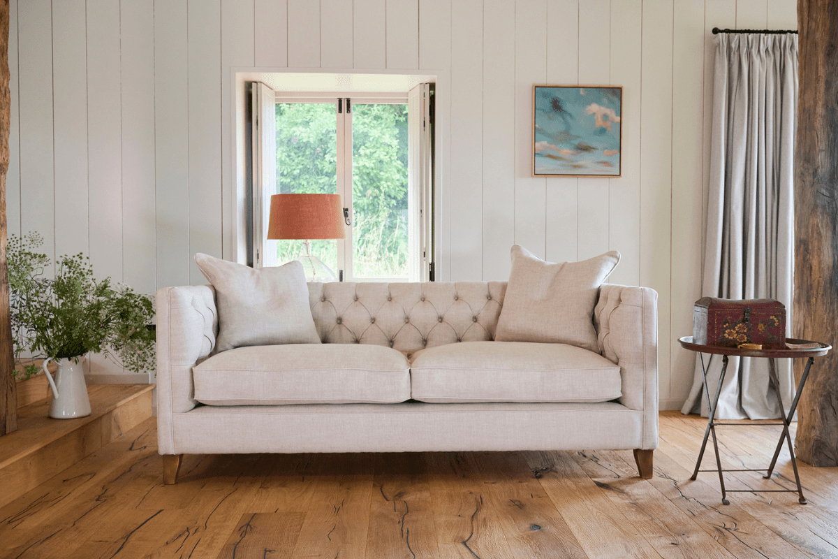 Haresfield modern Chesterfield sofa in natural Sole linen
