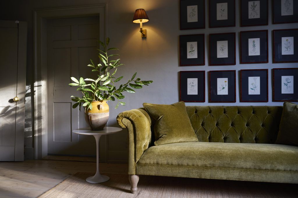 Olive green velvet sofa in a classic buttoned Chesterfield style