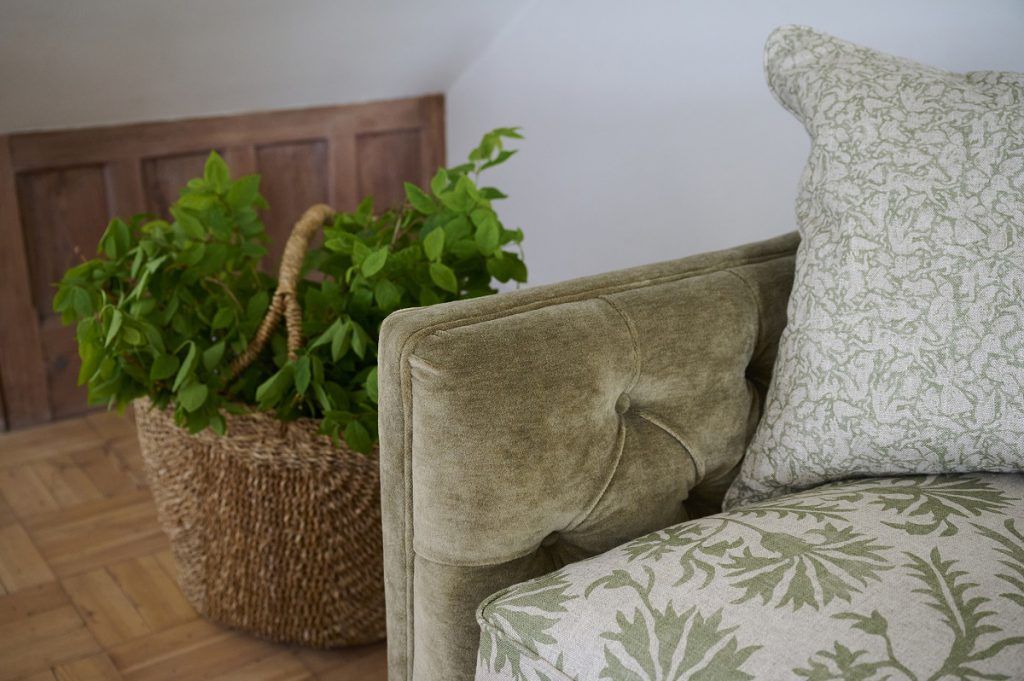 Snuggler sofa in Mohair Lichen with seat cushiion in RHS Gertrude Jekyll Meadow Flower