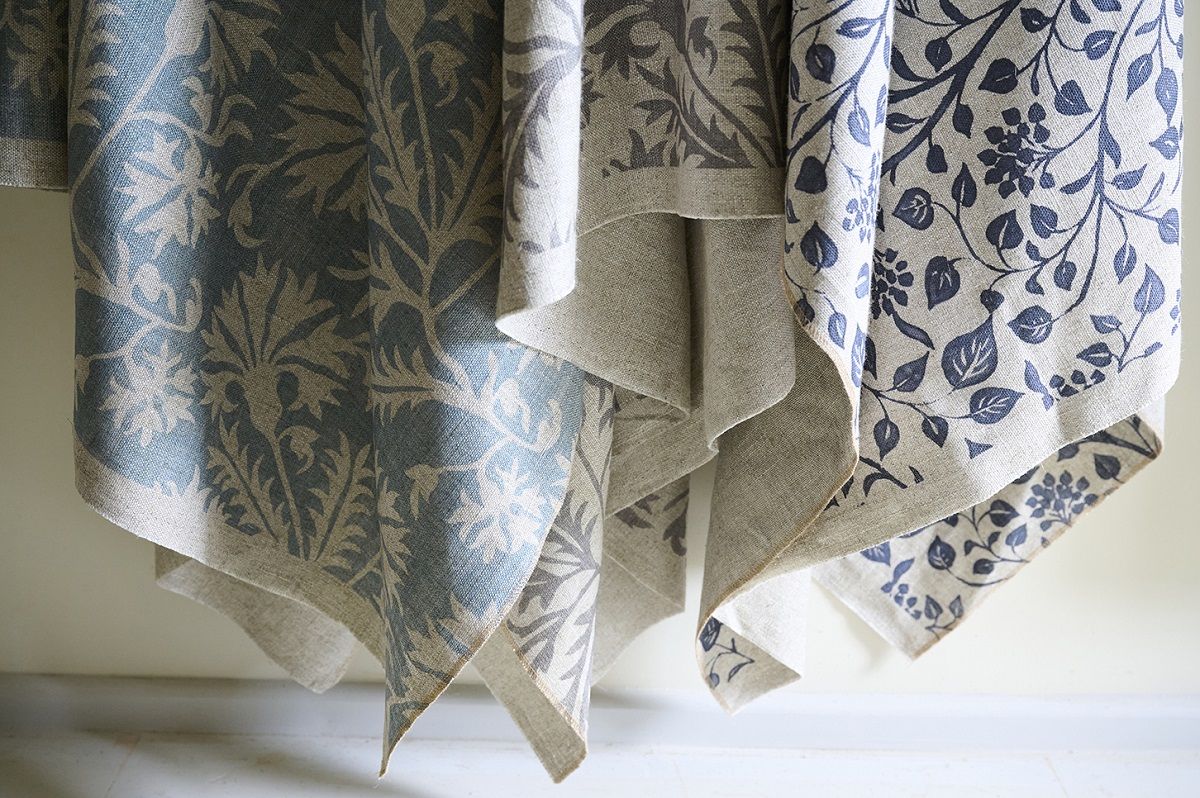 Inspiration for blue sofa fabrics with RHS Gertrude Jekyll fabric designs printed on a viscose linen blend