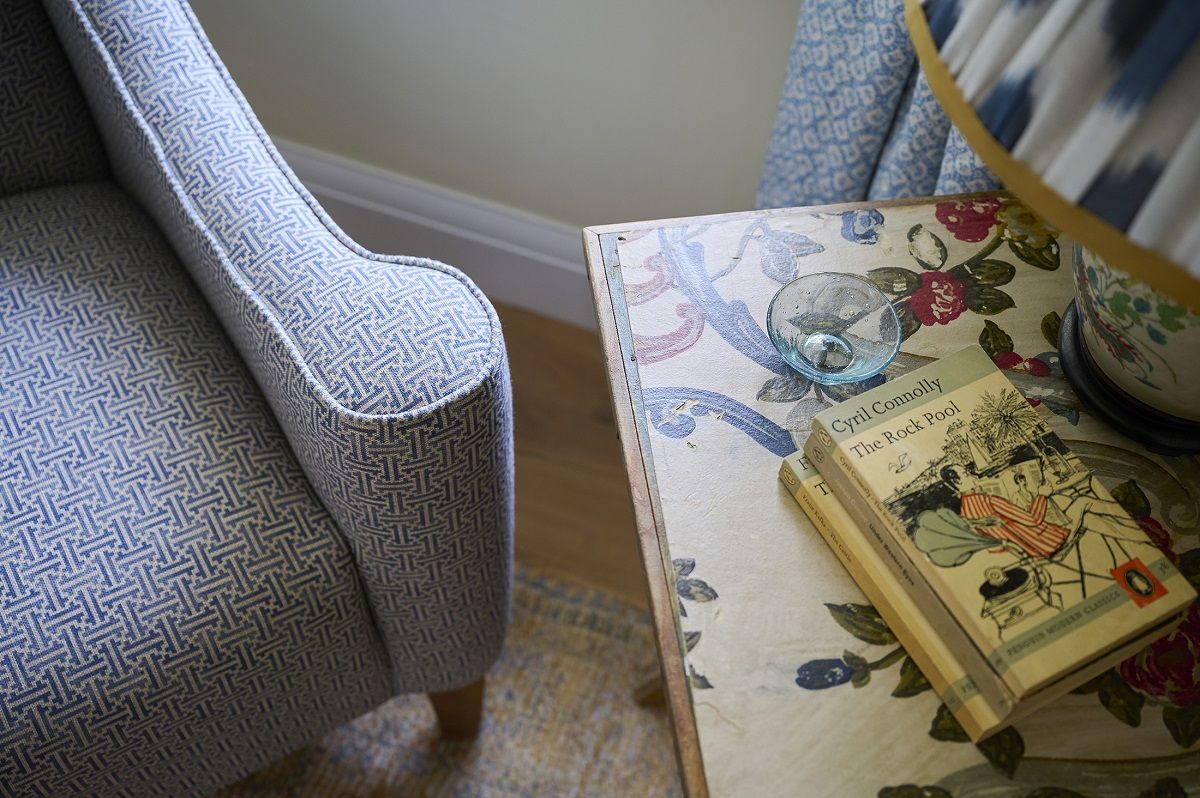 Inspiration for blue sofa and chairs with Sennen armchair in blue RHS Gertrude Jekyll Lattice fabric 