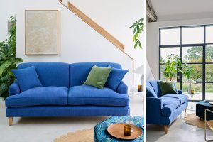 Blue sofa inspiration, with Leyburn 3 seater sofa in bright blue fabric and blue patterned velvet footstool