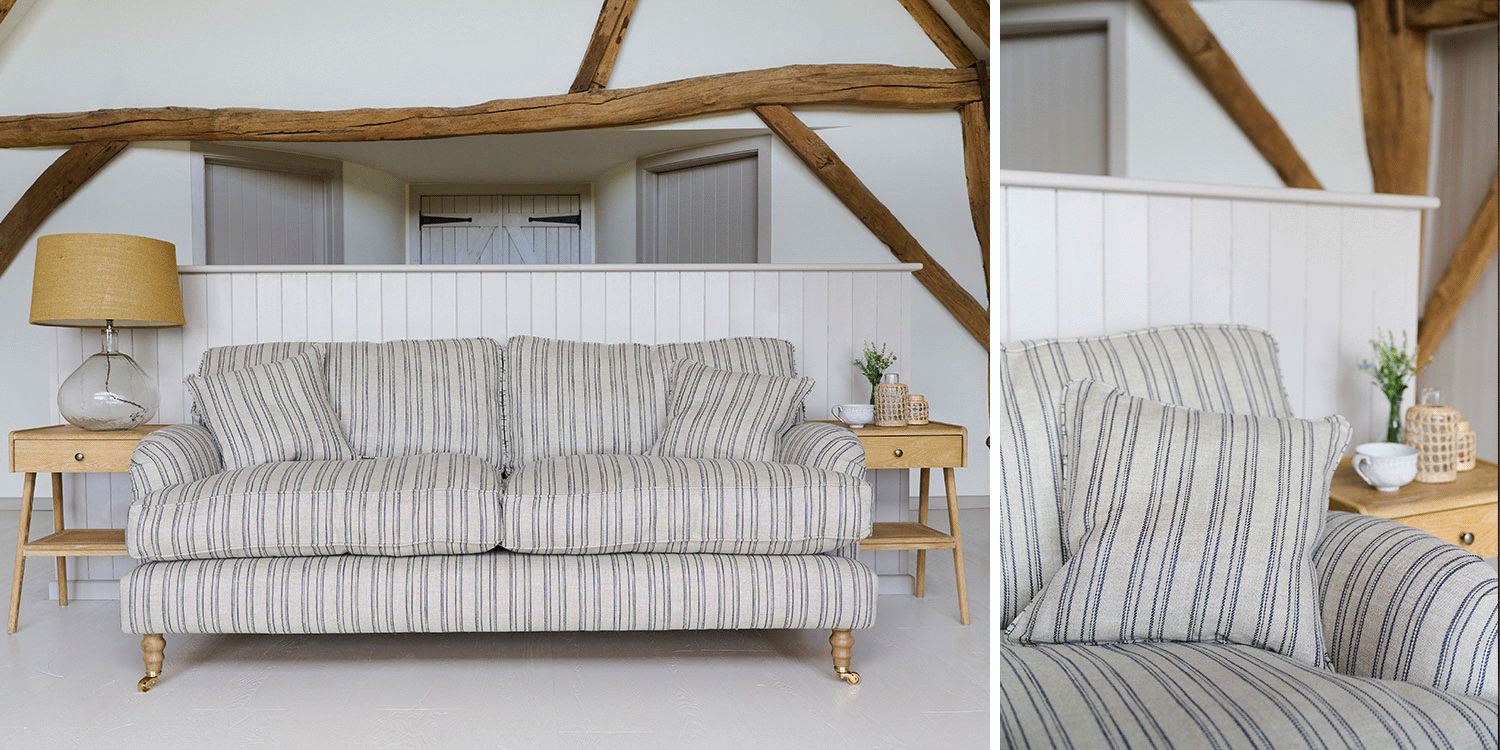 Inspiration for blue sofas with the Alwinton 3 seater sofa in Hovingham Woven Linen Stripe Navy