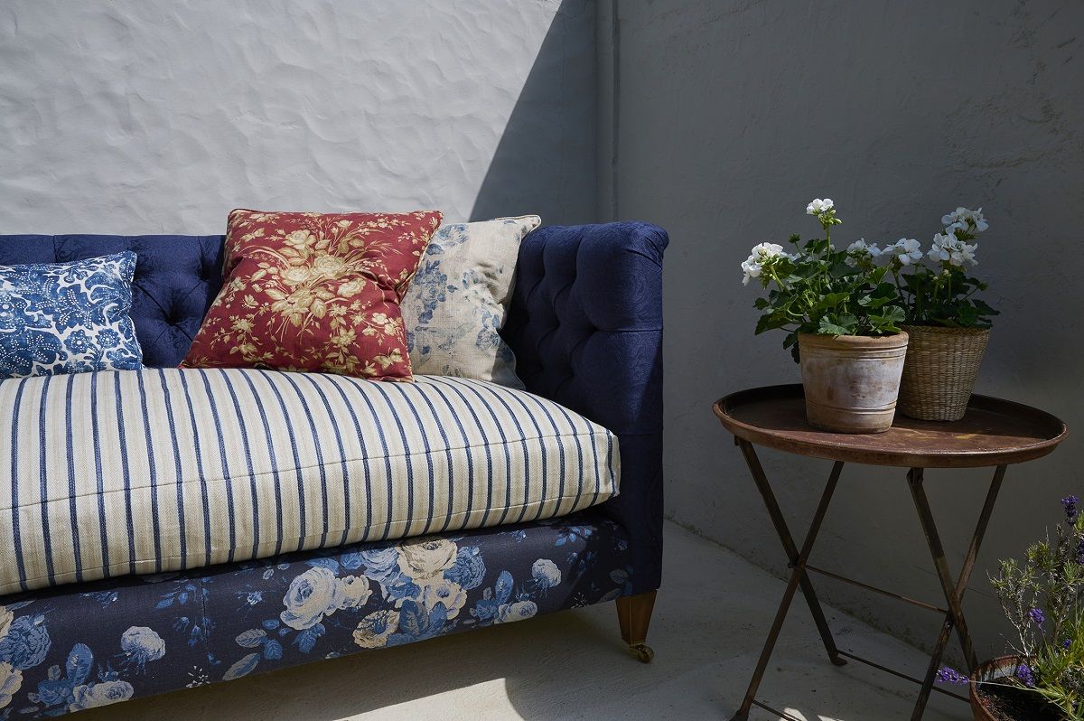 Eclectic print fabrics for blue sofa inspiration with Holt 3 seater sofa in Ralph Lauren Florence Linen Damask Storm with scatters in Ralph Lauren fabrics