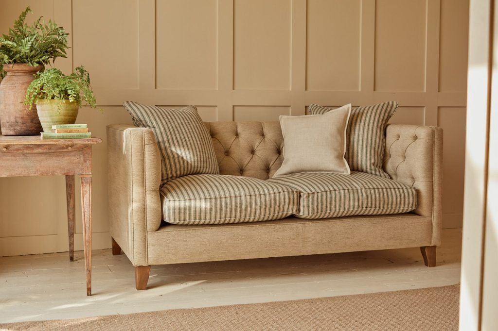 Striped fabric sofa cushions. Haresfield 2 seater sofa in Whernside Spring Grass and Stockport Stripe Hunter