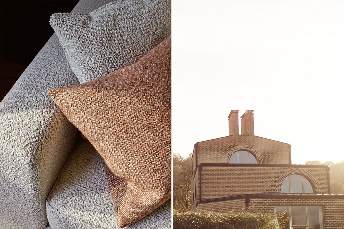 Boucle sofa and scatters cushions and the exterior of Nithurst Farm by Adam Richards Architects