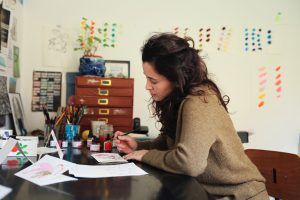 Illustrator and botanical artist Caroline Kent in her studio